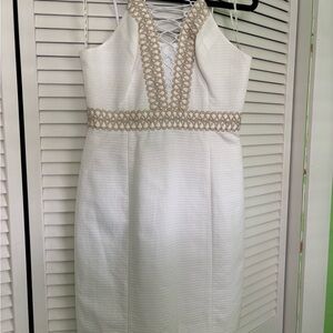 Lilly Pulitzer White and Tan Embellished Sheath Dress